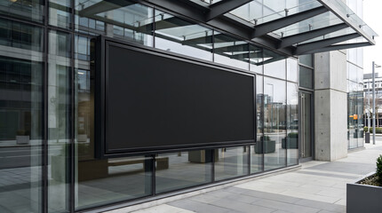 Fototapeta premium Large blank black rectangular signboard mockup on glass windows of modern office building storefront exterior
