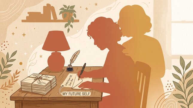 Abstract Silhouette Illustration of Woman Writing Letter to Her Future Self Concept