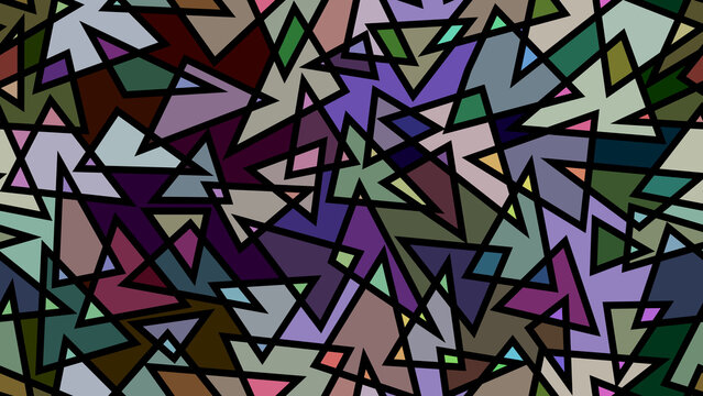 Seamless pattern with colorful abstract geometric triangles and dark outlines. Ideal background for banners and modern textile designs.
