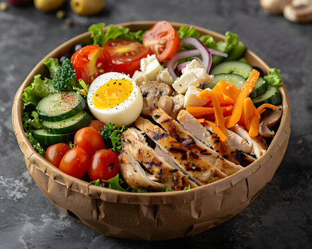 Delicious healthy grilled chicken salad bowl featuring soft boiled egg, feta cheese, cherry tomatoes, cucumber, carrots, mushrooms, and fresh greens for keto diet lunch or meal prep food.