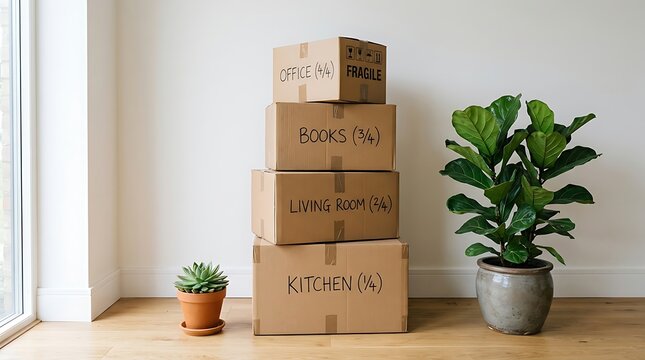 Stacked cardboard moving boxes with houseplants on wooden floor near white wall