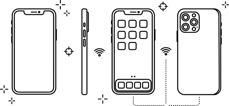 Line art depictions of mobile phones showcase different designs and features telephone cellular