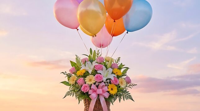 Colorful hot air balloons floating over desert with fresh floral bouquet in foreground