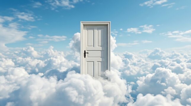 Floating white door in sky with clouds symbolizing new opportunities and beginnings