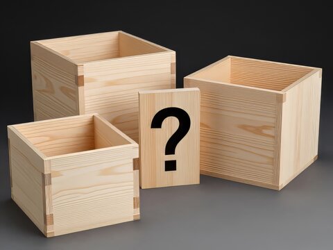 cajas de madera y con s&iacute;mbolo de interrogaci&oacute;n
