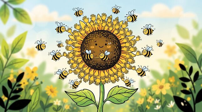 Funny Cartoon Sunflower with Hand Petals Giving High Fives to Bees Illustration