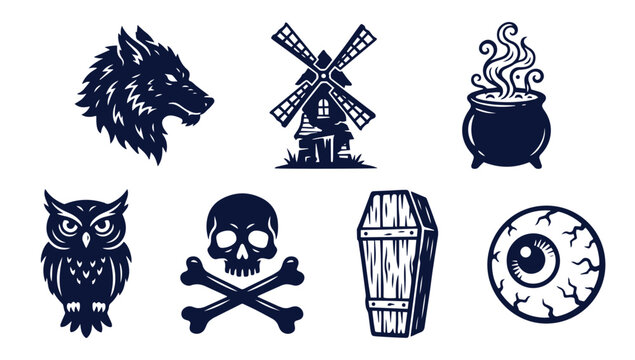Set of spooky halloween icon illustrations featuring wolf skull owl and magic cauldron