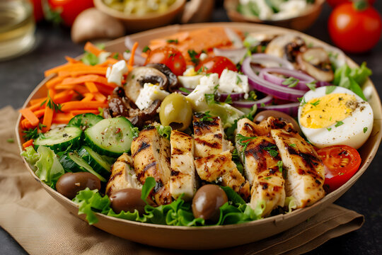 Nutritious grilled chicken salad bowl with fresh hard boiled eggs, olives, cherry tomatoes, cucumbers, shredded carrots, mushrooms, red onions, and feta cheese for healthy keto diet lunch.