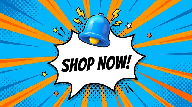 3D shopping sale call to action button with glowing shop now burst effect and icons