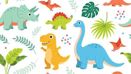 Cute Dinosaur Seamless Pattern Vector Background Featuring Cartoon Prehistoric Reptiles and Tropical Jungle Leaves for Kids Fabrics and Wallpaper © MDIRFAN