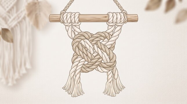 Macrame rope square knot tutorial hanging on wooden dowel vector illustration