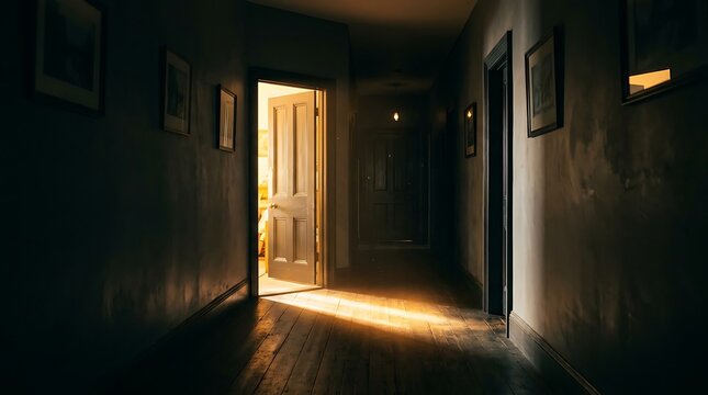 Dark narrow hallway with warm light at the end creating dramatic shadows and depth