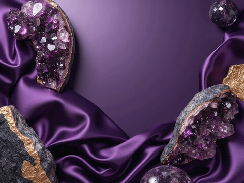Purple geodes and balancing spheres on luxurious purple satin fabric create a striking and elegant cosmic-themed composition