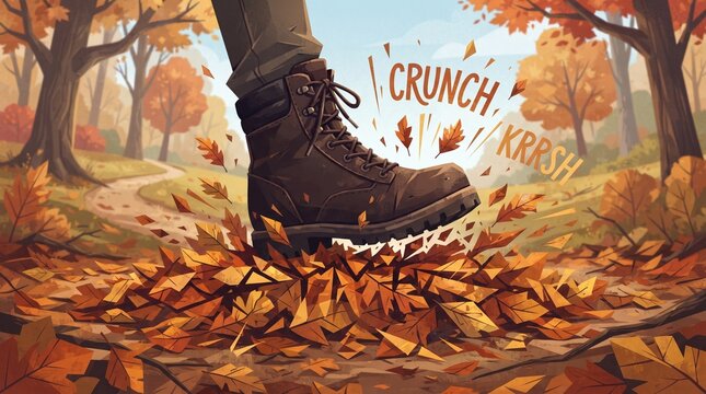 Hiking boot stepping on crisp autumn leaves with crunch sound effect vector illustration