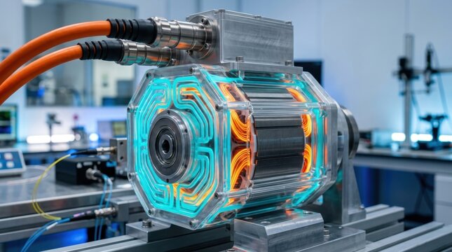Electric motor prototype with glowing coolant channels in a research lab