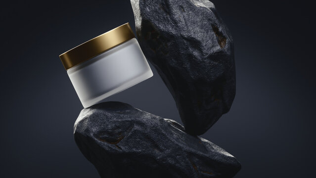 Luxury 3D render of a translucent cosmetic cream jar with a gold lid, placed on two black stones. Dark moody background, elegant studio lighting, minimalist skincare product mockup, no label.