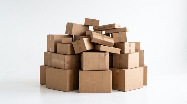 Large pile of various sized brown cardboard shipping boxes stacked on white background