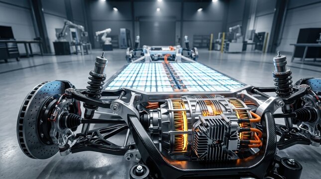 Electric vehicle chassis with battery pack and motor in factory