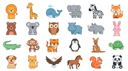 Obraz premium Set of cute cartoon wild and domestic animals icons featuring lion giraffe whale elephant zebra fox and other creatures