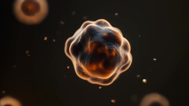 Extreme macro footage of a single microscopic pigmented biological structure, one isolated cell representing melanoma