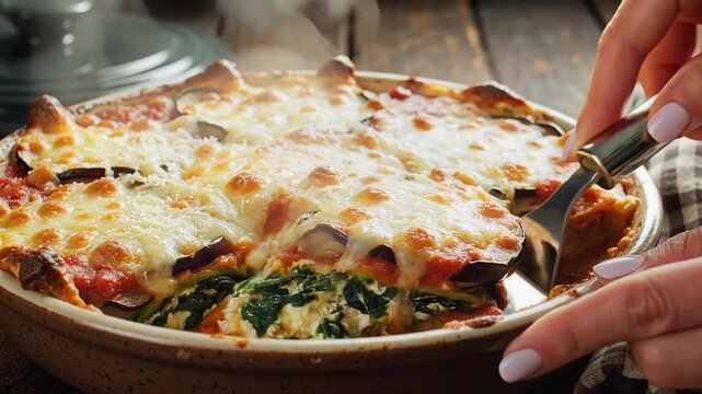 Serving Freshly Baked Eggplant and Spinach Lasagna with Melted Cheese in a Rustic Kitchen