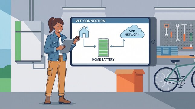 Virtual power plant VPP network concept with female engineer explaining home battery connection vector illustration