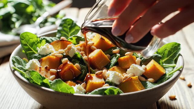 Pouring balsamic glaze on roasted pumpkin salad with spinach, feta cheese, and pine nuts