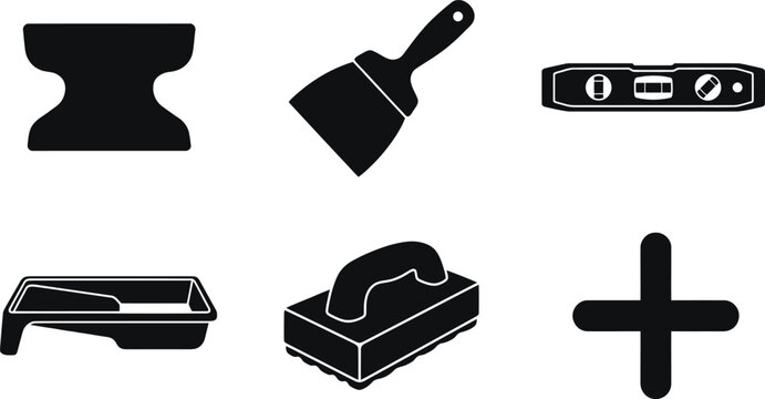 Set of construction and painting tools vector icons including scraper and level with construction
