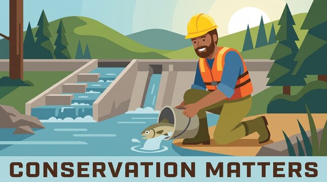 Conservation matters concept with environmental engineer releasing fish into river near fish ladder vector illustration