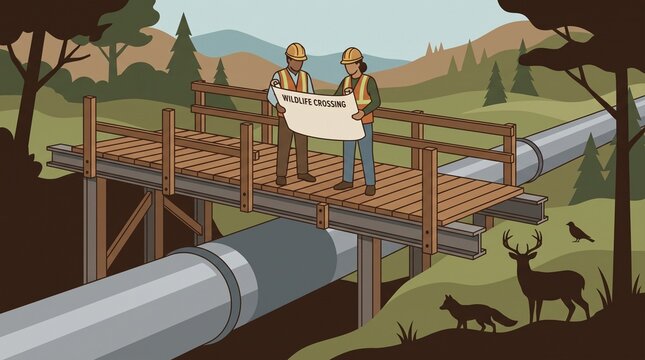 Environmental Engineers Planning Wildlife Crossing Bridge Over Industrial Pipeline Vector Illustration