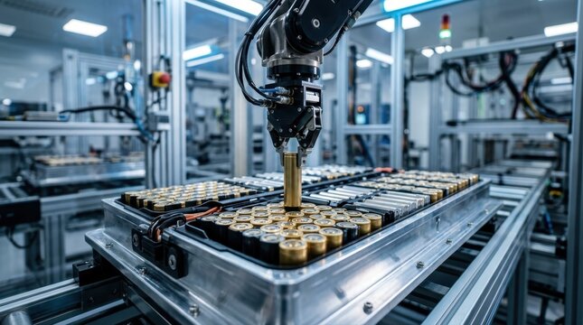 Robotic arm assembling lithium ion batteries in modern factory