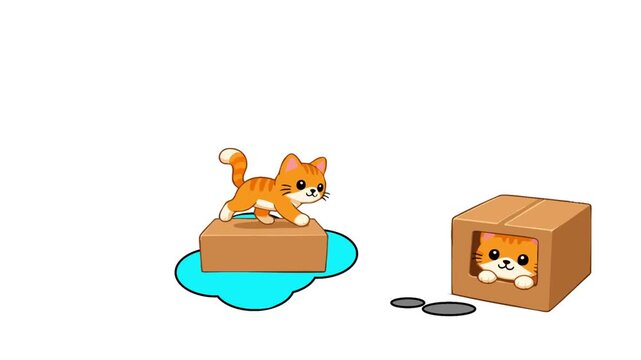 Educational animated scene featuring cute cats moving around boxes to illustrate basic prepositions and spatial relationships, created for children's English lessons, preschool education, classroom