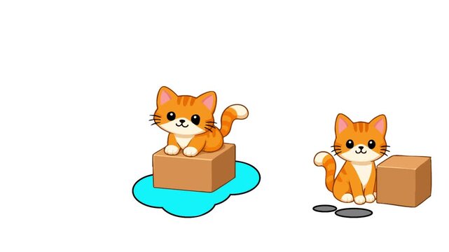 Playful educational motion graphic showing cute cats positioned around and inside boxes to demonstrate prepositions and spatial relationships, designed for preschool vocabulary lessons