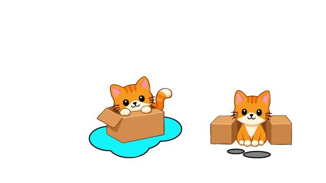 Cute animated cats placed in different positions around colorful boxes to teach basic English prepositions and spatial vocabulary, suitable for preschool learning, kindergarten lessons, classroom