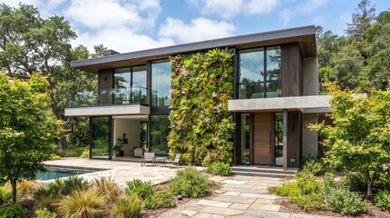 Fototapeta premium Modern architectural house exterior featuring vertical garden wall and swimming pool.