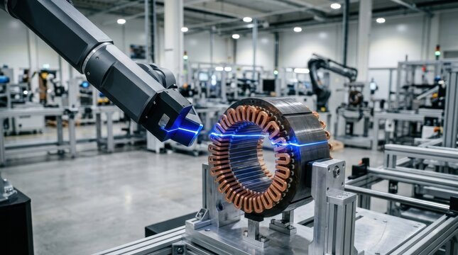 Robotic arm performing laser scanning on an electric motor stator in factory