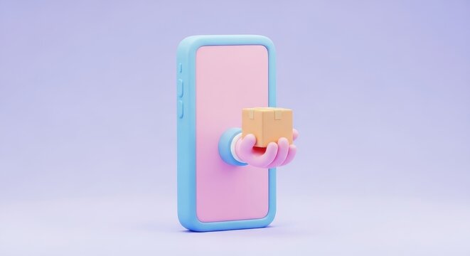 3D cartoon hand reaching out of a smartphone screen holding a box for online shopping and delivery