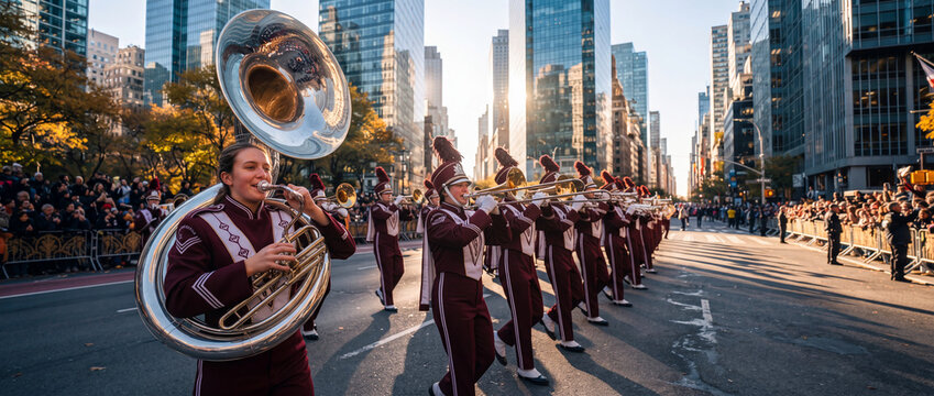 Marching band performing during city parade with musicians playing sousaphone and brass instruments in sunny downtown avenue surrounded by modern skyscrapers and cheering spectators