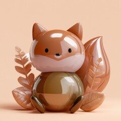 Naklejka premium A puffy balloon fox with shiny fur rests among shiny green leaves. The scene has a warm russet background and playful details.