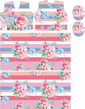 Modern Sublimated Toddler Girl Dress with Cute Delicate Floral and Striped Prints