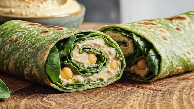 Chef cutting a healthy green spinach wrap filled with creamy hummus and fresh chickpeas on board