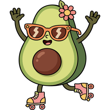 Cartoon Retro Avocado Character Wearing Sunglasses and Roller Skates Enjoying a Sunny Day