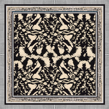Abstract ikat tie-dye damask pattern forms a striking monochrome scarf textile print design.