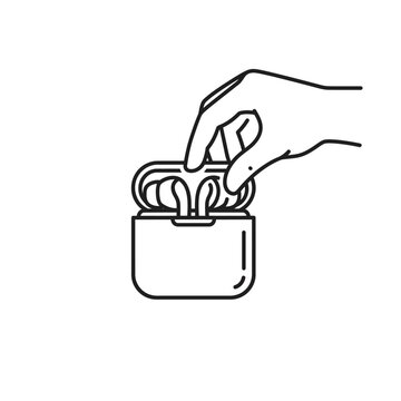 Hand reaching for wireless earbuds inside charging case for listening.
