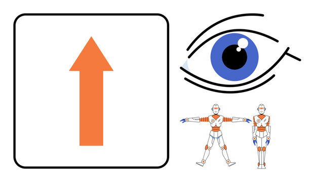 Orange arrow icon with human eye and robot character vector illustration. Technology, vision, artificial intelligence, automation, robotics, future development. Directional sign with eyeball