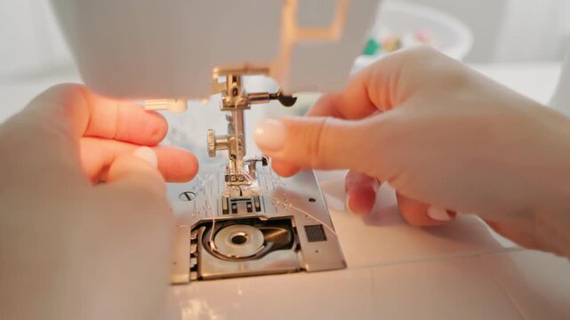 Female Hands carefully guide thin thread through sewing machine needle in bright home workspace