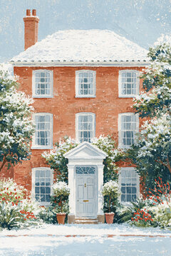 Classic Georgian style brick home featuring white front door and window frames, covered in fresh snow with garden plants