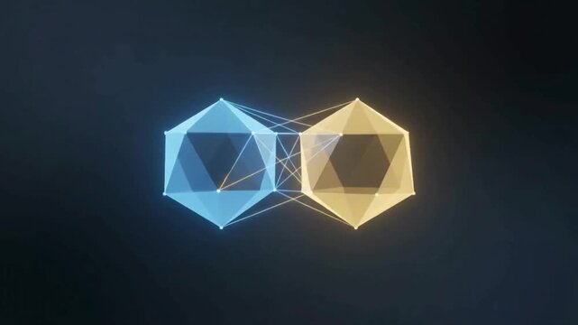 Abstract Geometric Network Visualization Featuring Interconnected Blue and Gold Polyhedron Structures Representing Digital Connectivity