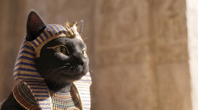 Majestic black cat wearing a traditional Egyptian nemes crown adapted for its ears