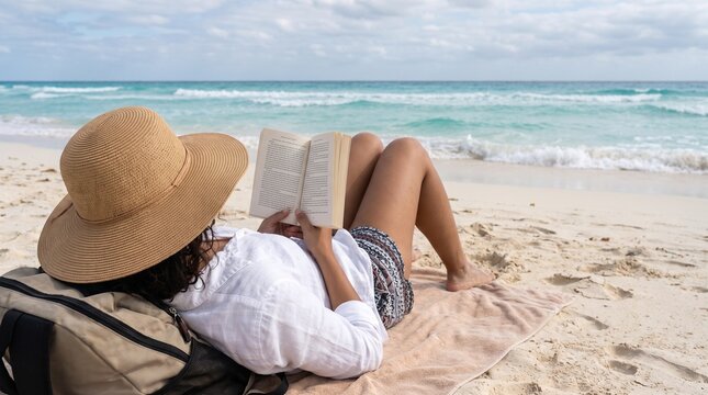 Young woman with straw hat relaxing and reading a book on a sandy tropical beach